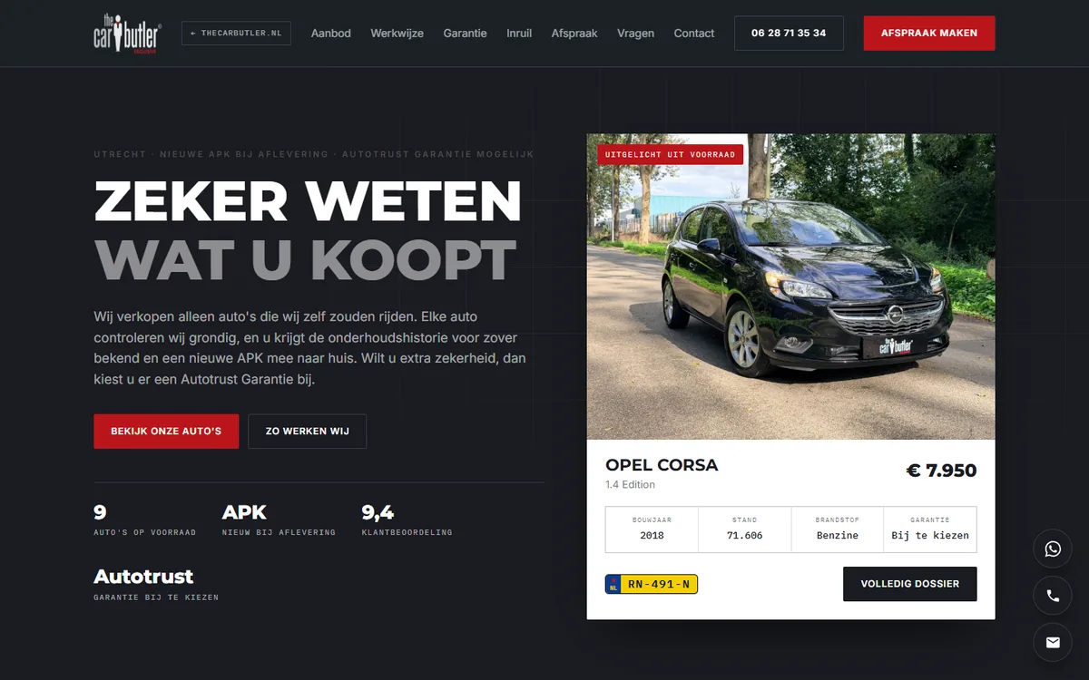 Homepage van The Car Butler met uitgelichte occasion