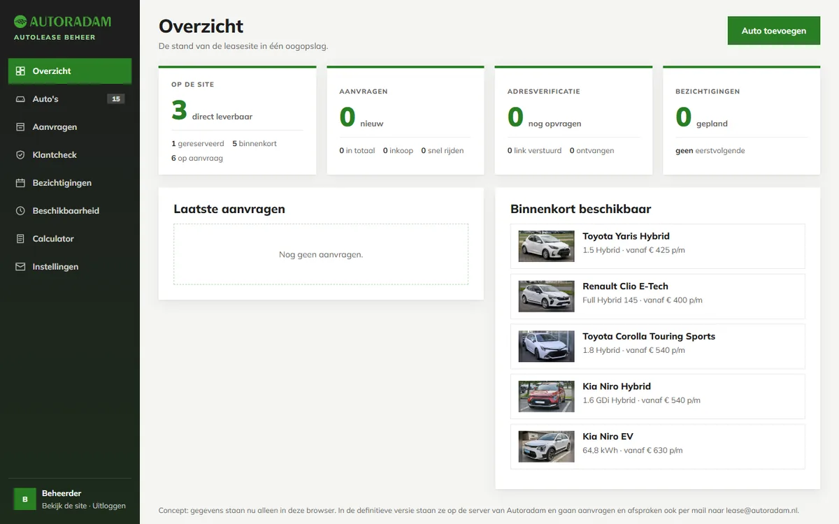 Het dashboard: overzicht van auto's, aanvragen en bezichtigingen.