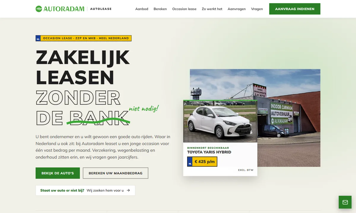 Leasewebsite van Autoradam met uitgelichte auto en maandprijs