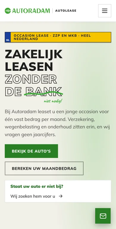 Leasewebsite van Autoradam op een telefoon
